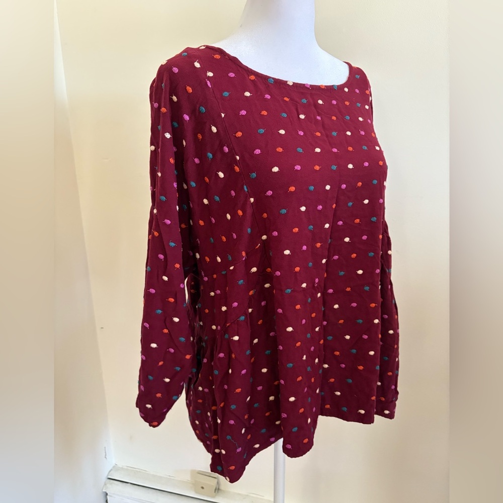Large Maeve by Anthropologie Dottie Embroidered Blouse Burgundy Polka Dot - Picture 7 of 14